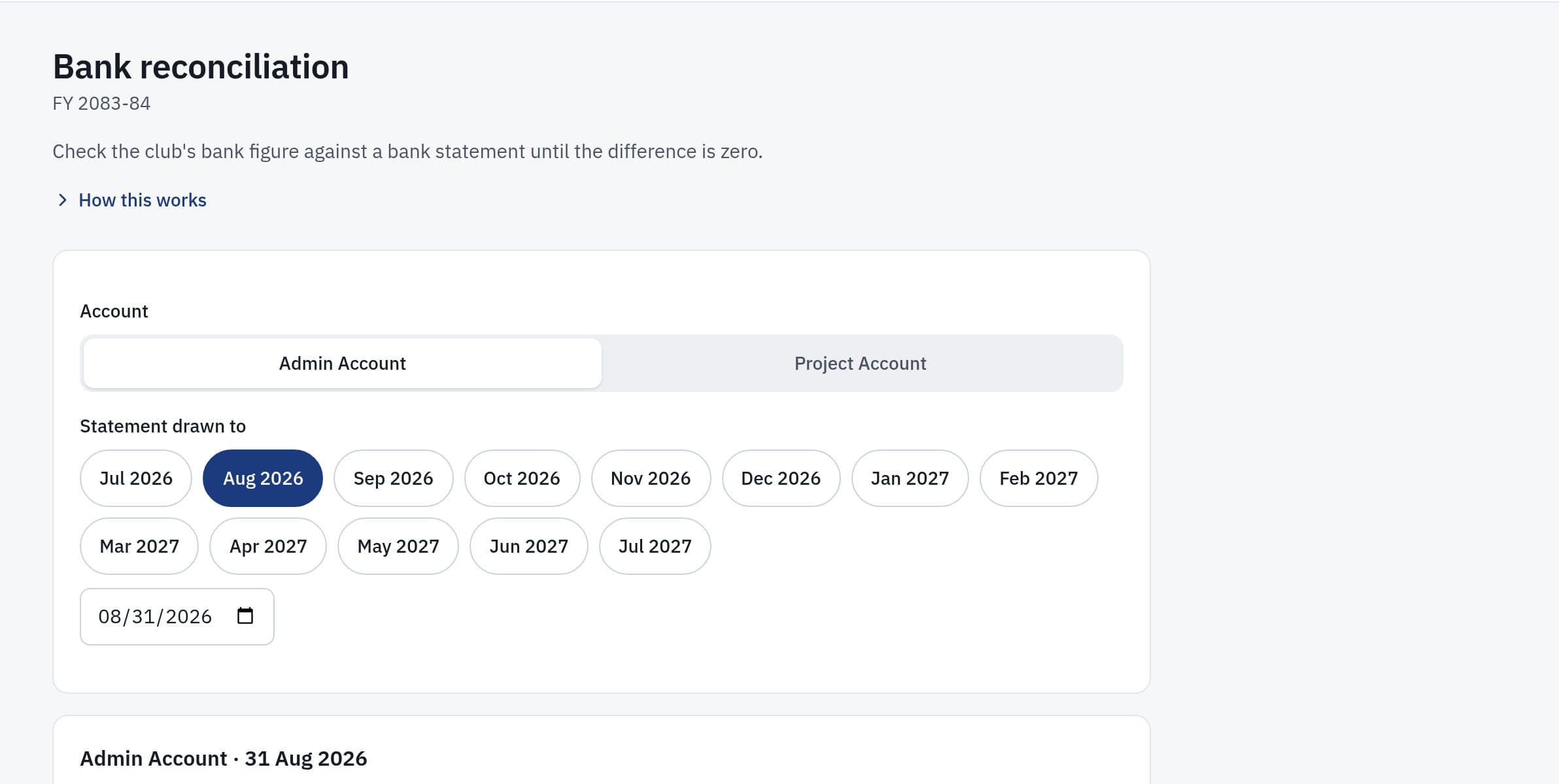 Bank reconciliation, month by month
