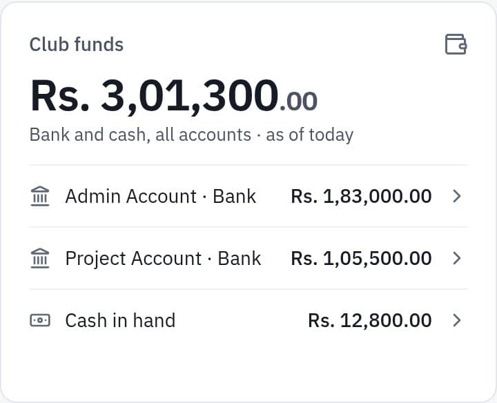 Club funds card: bank and cash balances for each account