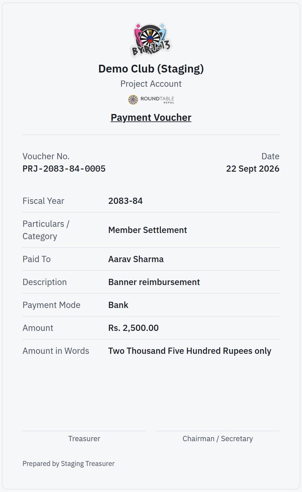 A printable payment voucher with the amount in words and signature lines